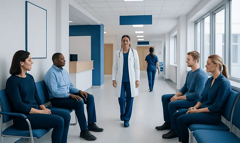 Medical staff and patients in a hospital corridor.
