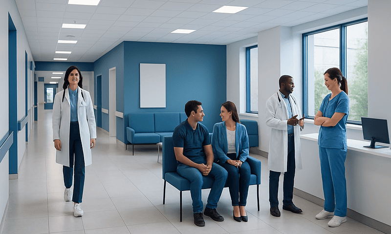 Medical team consulting in a modern hospital corridor with patients.