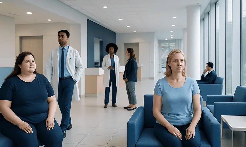 Patients waiting in a modern hospital lobby with medical staff present.