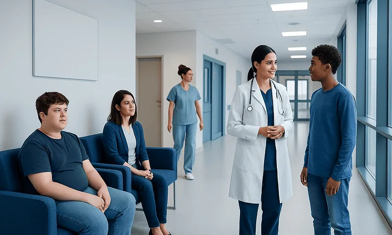Pediatric patient talking to a doctor in a hospital corridor.