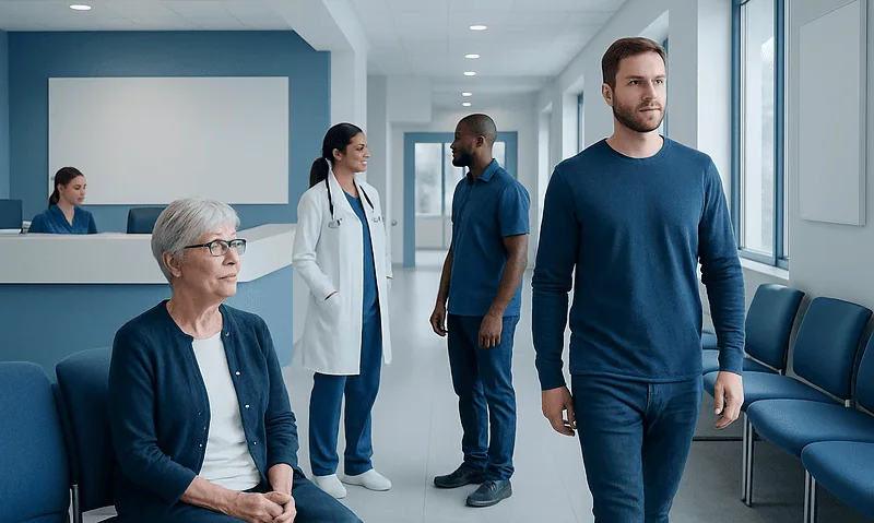 Patients and medical staff in a modern hospital corridor.