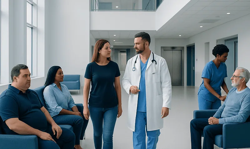Doctor consulting with patients in a hospital waiting area.