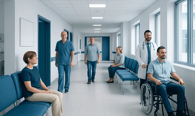 Patients and medical staff in a hospital corridor during a consultation.