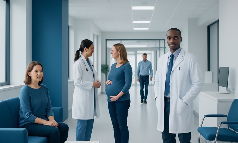 Medical team consulting pregnant woman in hospital corridor.