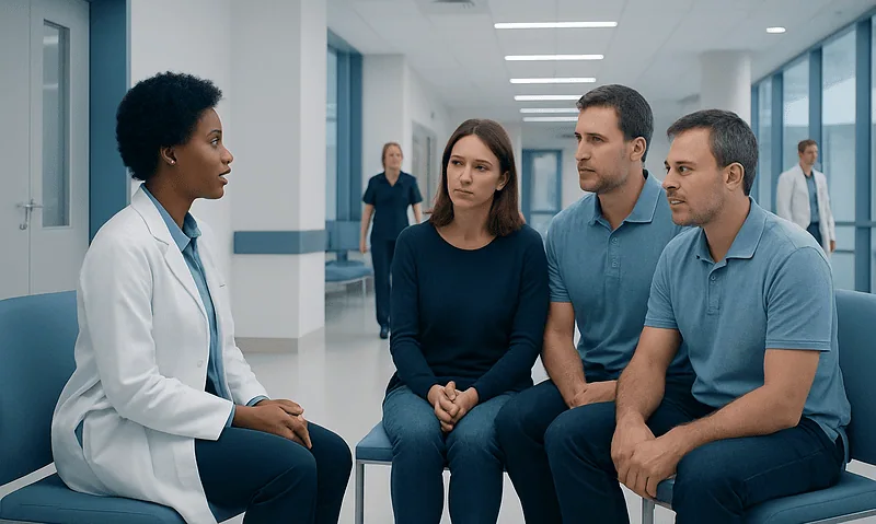 Doctor consulting with a family in a hospital corridor.