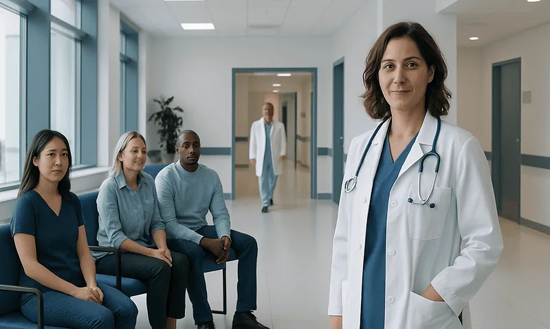 Female doctor with patients in hospital corridor, healthcare setting.