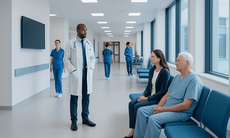 High-Risk Coronary Bypass Surgery: How Complex Cases Are Planned 8 Medical team consulting with patient in hospital corridor at Acibadem Hospitals.