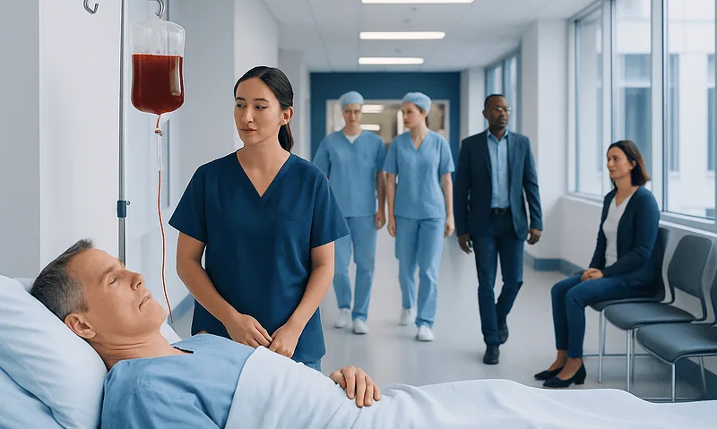 Patient receiving blood transfusion in hospital ward with medical staff nearby.