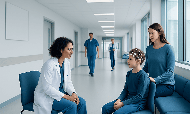 Pediatric EEG: Preparing Children for Brain Wave Testing 16 Child with EEG electrodes talking to a doctor in hospital corridor.