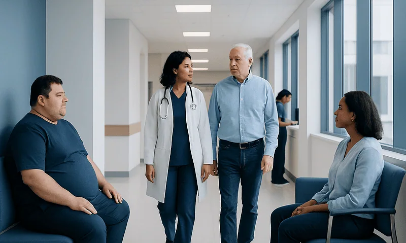 Doctor consulting with patient and family in hospital corridor.