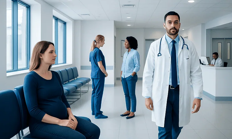 Medical consultation in a modern hospital waiting area with healthcare professionals.