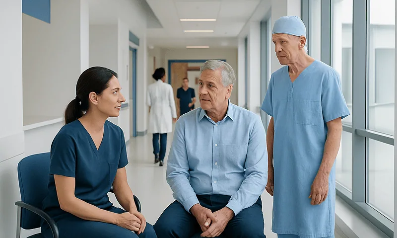 Medical consultation with a patient and healthcare professionals in hospital corridor.