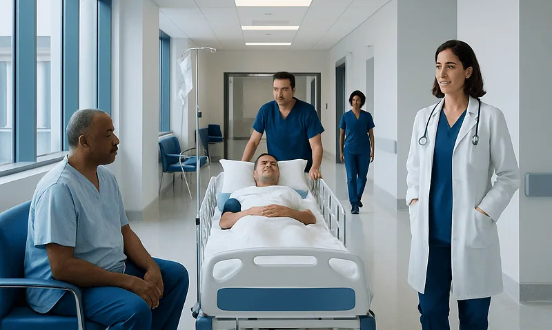 Hospital staff with patient in a modern hospital corridor.