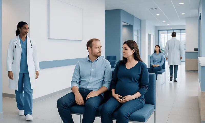 Couple waiting in a hospital corridor with medical staff present.