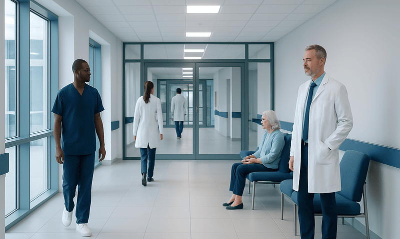 Flow Diversion for Brain Aneurysms: Candidates, Procedure, and Follow-Up 17 Hospital corridor with medical staff and patient in waiting area.