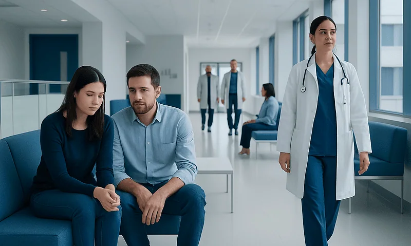 Patients waiting in a hospital corridor with a healthcare professional nearby.