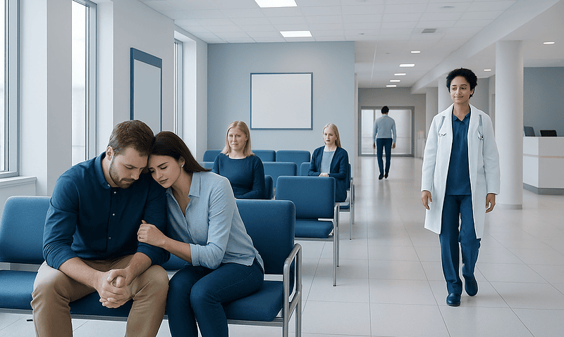 Emotional Stress During IVF: Coping Strategies and When to Seek Support 7 Patients waiting in a modern hospital corridor with medical staff present.