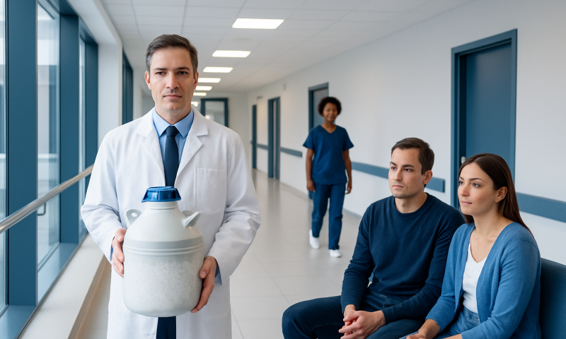 Using Frozen Sperm in IVF: Storage, Thawing, and Fertilization Expectations 9 Doctor holding a sperm storage container in a hospital corridor.