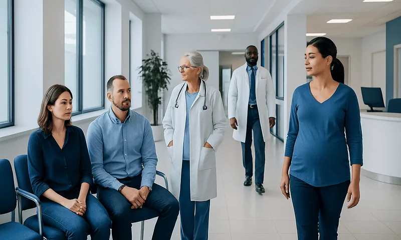 Medical team consulting with patients in a modern hospital corridor.