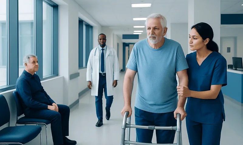 Senior man with walker in hospital corridor with healthcare staff and patient.