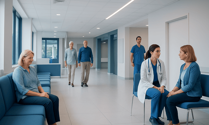 Persistent Postural-Perceptual Dizziness: Symptoms, Triggers, and Neuro-Otology Care 15 Medical consultation in a modern hospital corridor with healthcare professionals and patients.