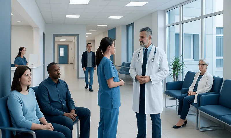 Neuromyelitis Optica Spectrum Disorder: Vision Loss, Spinal Symptoms, and Immunotherapy 14 Medical team consulting patients in a modern hospital corridor.