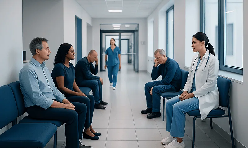 Medical consultation in hospital corridor with patients and doctor.