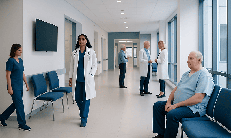 Patients and doctors in a modern hospital corridor with large windows and seating.