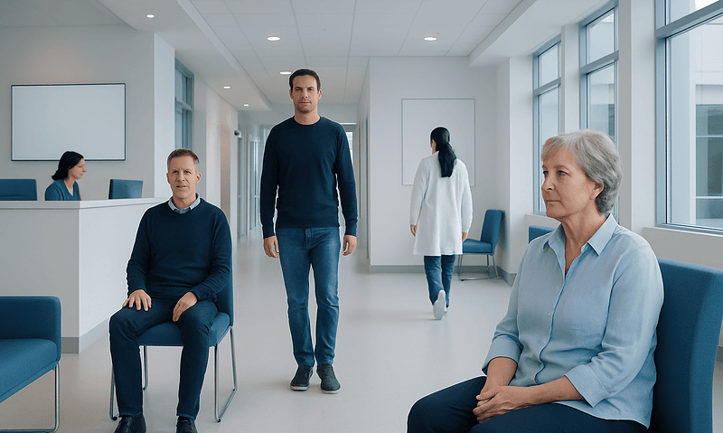 Essential Tremor: Hand Shaking, Diagnosis, and Treatment Choices 13 Patients waiting in a modern hospital corridor with medical staff present.
