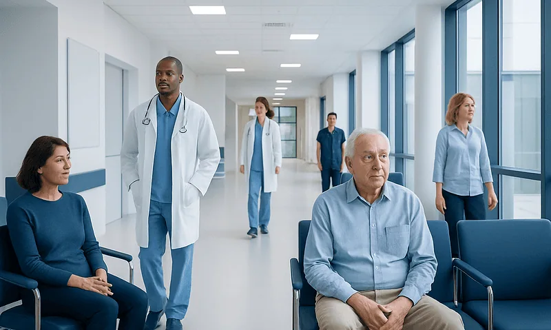 Essential Tremor vs Parkinson’s Disease: Symptoms, Diagnosis, and Treatment Options 12 Patients waiting in a hospital corridor with medical staff nearby.