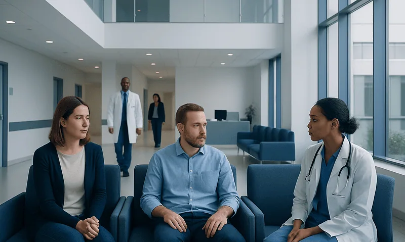 Patients and doctor in a hospital waiting area at Acibadem Hospitals Group.