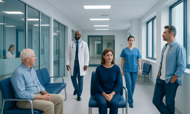 Medical consultation in a hospital corridor with patients and doctors.