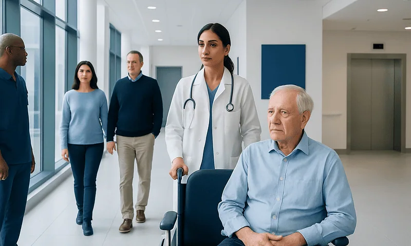 Healthcare team with elderly patient in hospital corridor.
