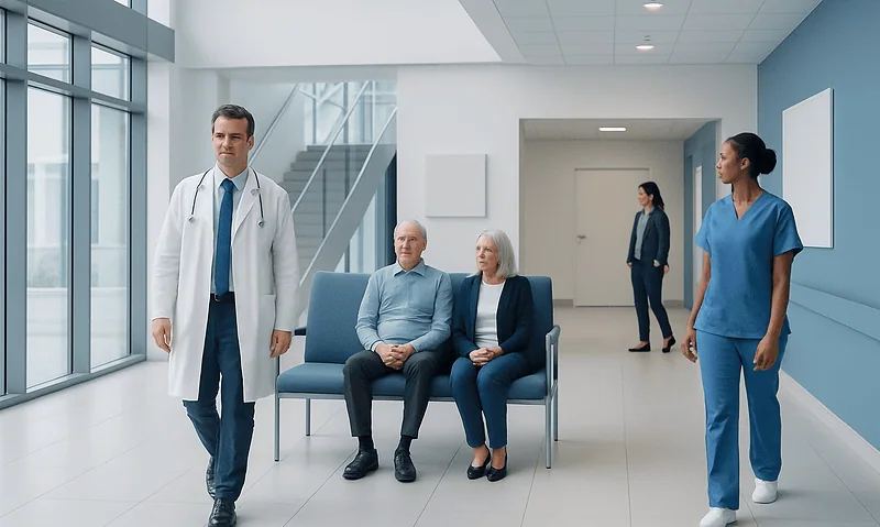 Carotid Artery Stenting vs Endarterectomy: Stroke Prevention Choices 11 Medical team and patients in a modern hospital waiting area.