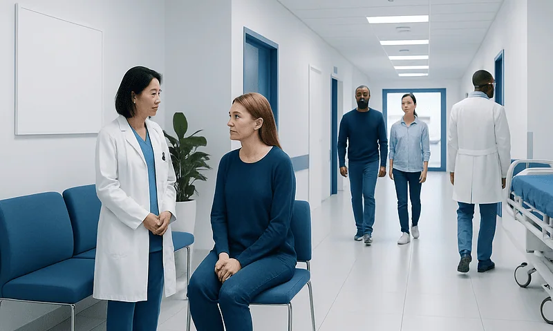 Doctor consulting a patient in a hospital corridor.