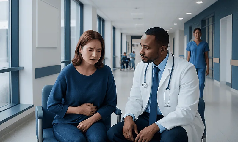 Patient experiencing nausea during consultation with doctor in hospital corridor.
