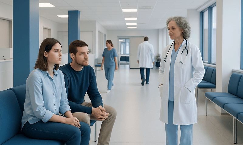 Doctor consulting with young couple in hospital corridor.