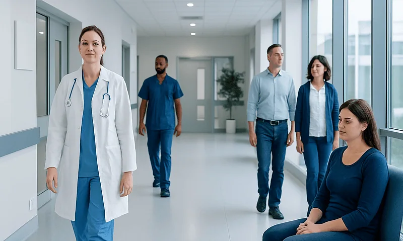 Healthcare professionals and patient in hospital corridor at Acibadem Hospitals Group.