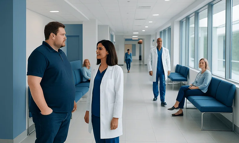 Doctor and patient having a conversation in a hospital corridor.
