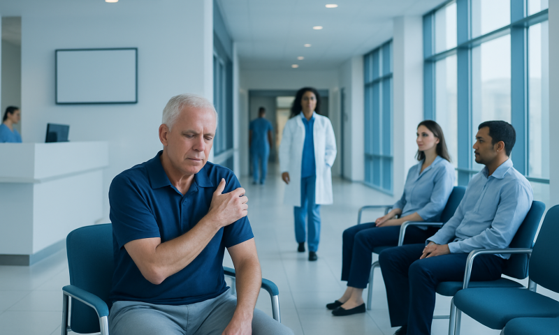 Senior man experiencing shoulder pain in a hospital waiting area.