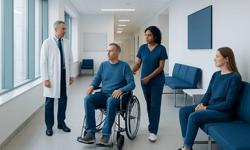 Guillain-Barré Syndrome: Sudden Weakness, Diagnosis, and Urgent Treatment 9 Medical team consulting with a patient in a hospital corridor.