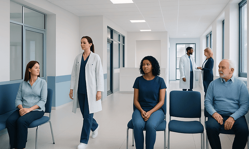 Idiopathic Intracranial Hypertension: Headache, Vision Changes, and Specialist Care 8 Patients waiting in a hospital corridor with medical staff nearby.