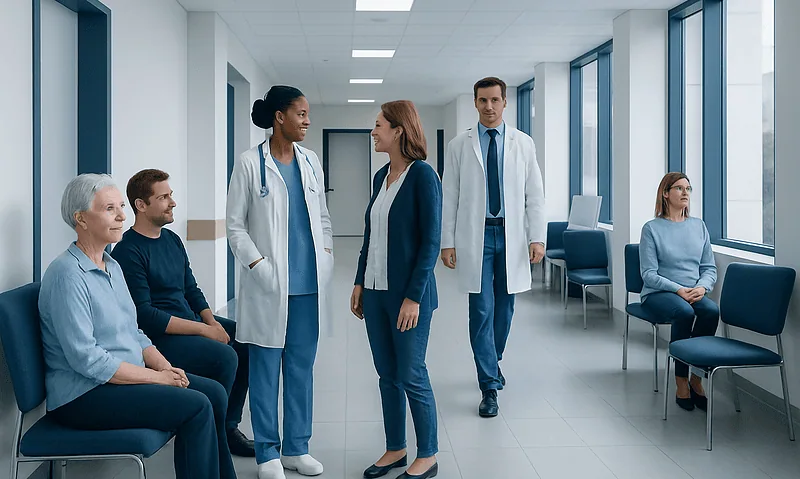 Trigeminal Neuralgia: Facial Electric-Shock Pain and Treatment Options 7 Medical team consulting with patients in a hospital corridor.