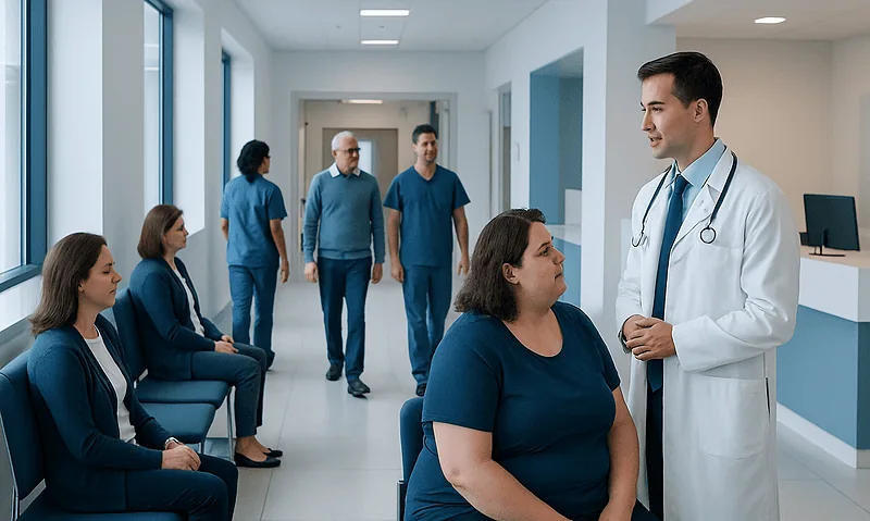 Doctor consulting a patient in a hospital corridor with other patients waiting.
