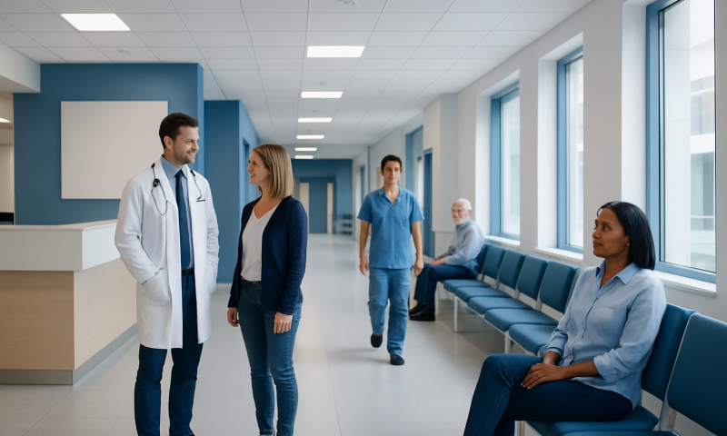 Medical professionals and patients in a hospital corridor at Acibadem Hospitals Group.