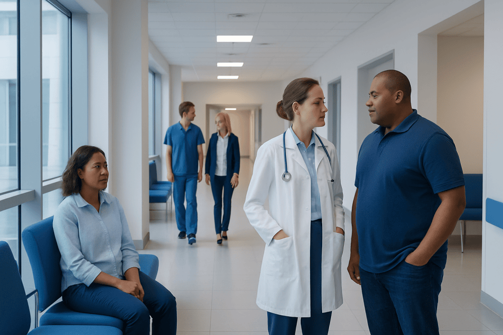 Kidney Stones After Bariatric Surgery: Causes, Prevention, and Warning Signs 1 Doctor consulting with patient in hospital corridor at Acibadem Hospitals Group.
