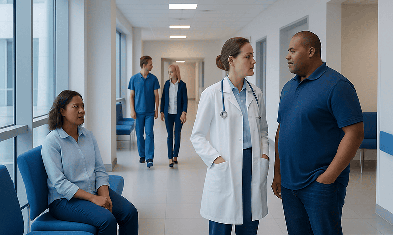 Doctor consulting with patient in hospital corridor at Acibadem Hospitals Group.