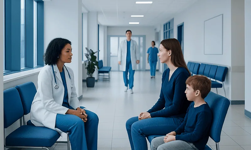 Pediatric Epilepsy Surgery Evaluation: Tests, Candidacy, and Family Decisions 15 Doctor consulting a mother and child in a hospital corridor.
