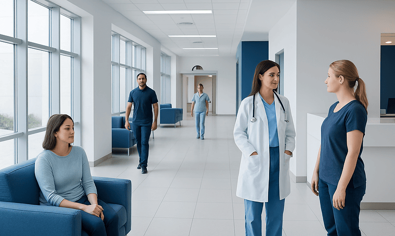 Hospital corridor with medical staff and patient in waiting area.