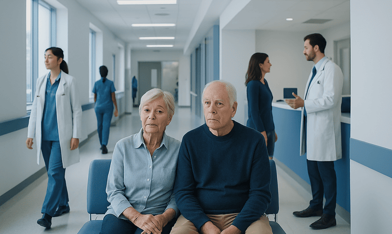 Alzheimer’s Disease: Early Memory Changes, Diagnosis, and Care Planning 6 Elderly couple waiting in hospital corridor with medical staff nearby.
